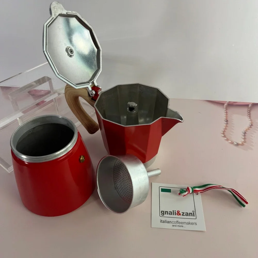 Gnali & Zani Red Stovetop Espresso Maker Moka Pot Wood Look Handle 8.5in